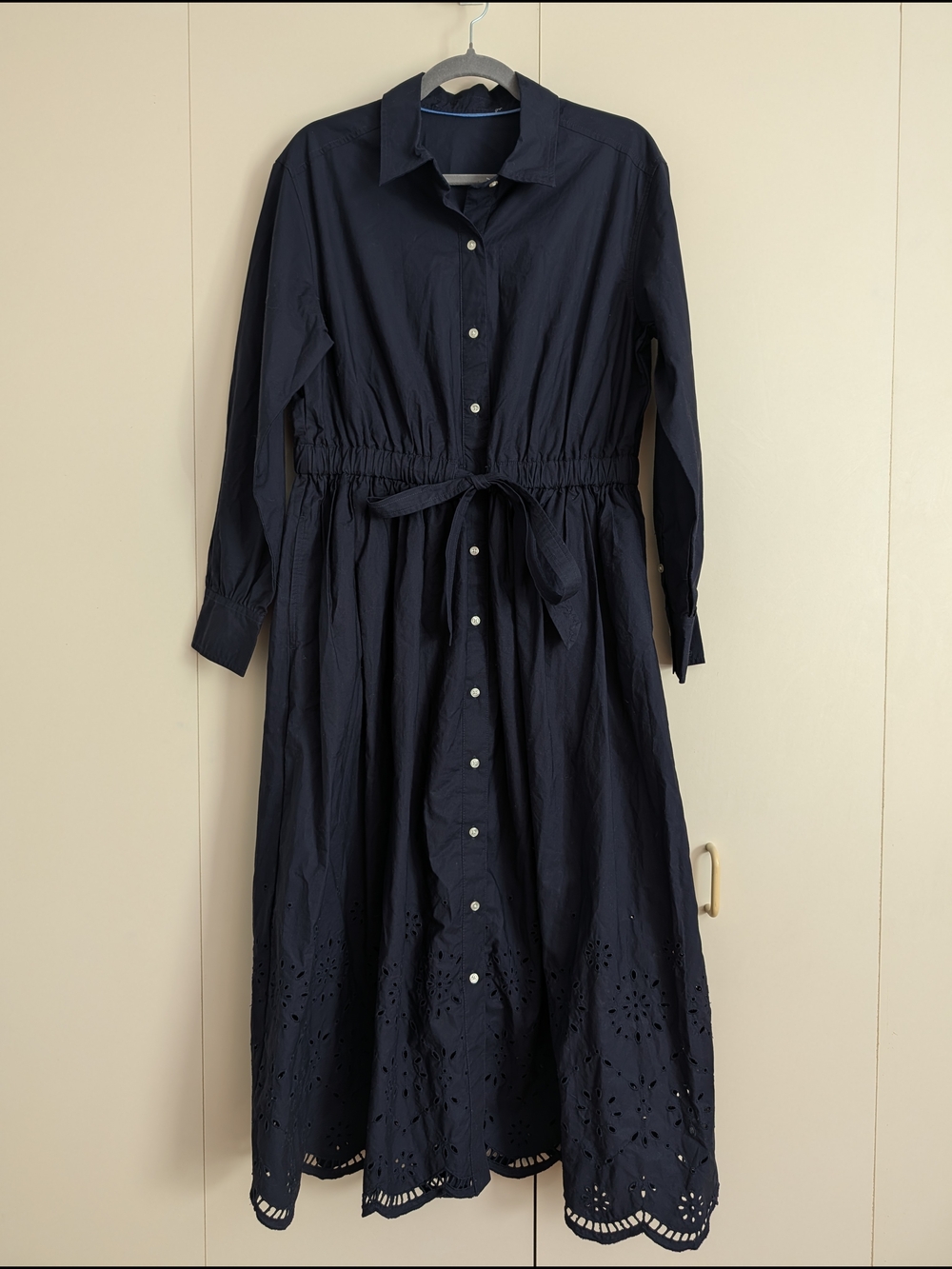 Women's Navy Button-Front Maxi Dress w/Waist Tie Eyelet Lace Bottom 100% Cotton